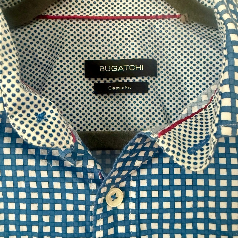 😸EUC Bugatchi Men's Ivy League Blue and White Grid Shirt 100% Cotton